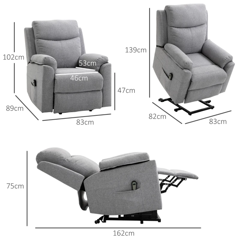 HOMCOM Relaxfauteuil met opsta-hulp, elektrisch, ligfunctie, afstandsbediening, tasjesvering, tot 120 kg, grijs