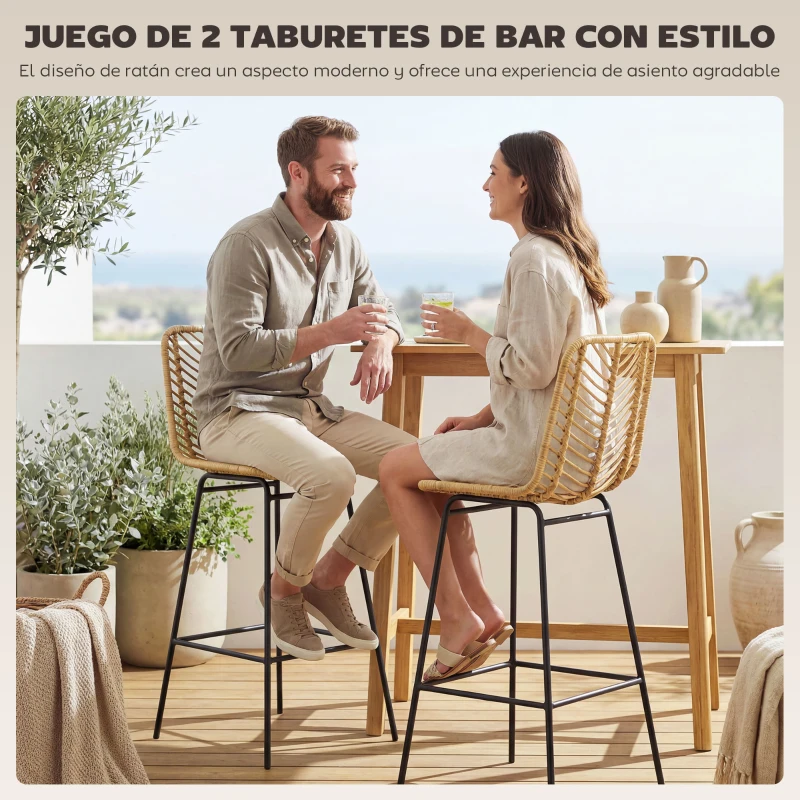 HOMCOM Taburetes Altos de Cocina Juego de 2 con Asiento de Ratán Sintético Taburetes de Bar con Patas de Acero 42,5x52x102 cm Natural