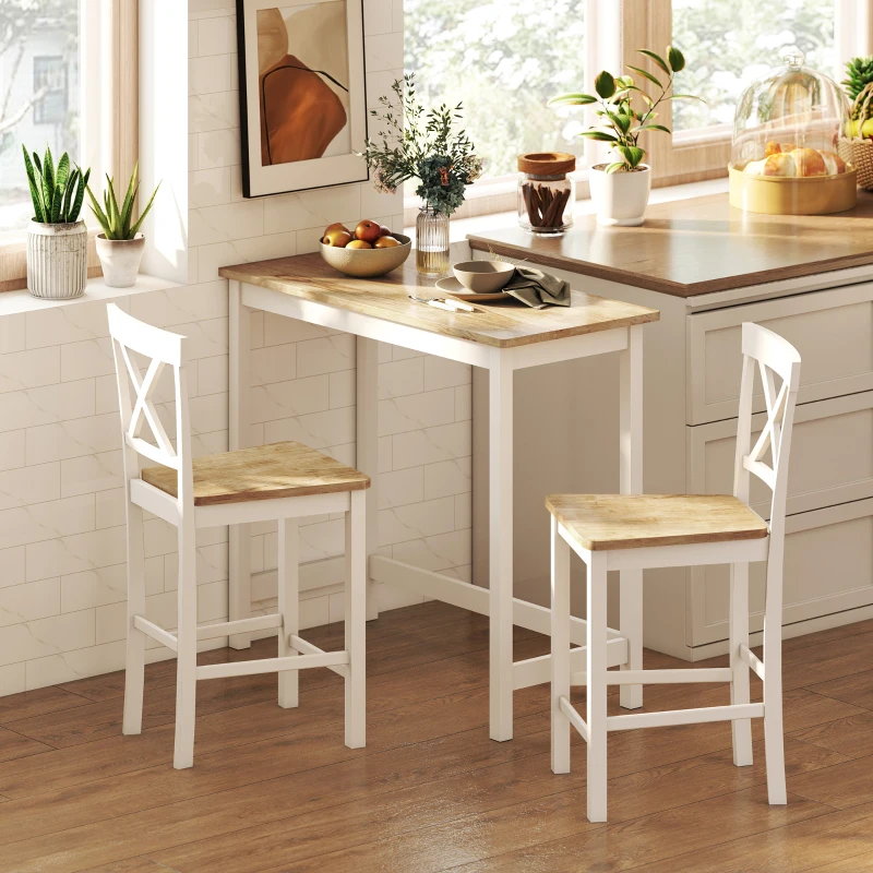 HOMCOM 2-delige Set Barstoelen met Rugleuning en Voetsteun, Rubberwood, voor Keuken, Eetkamer, Bar, Eiken + Wit(m-7)