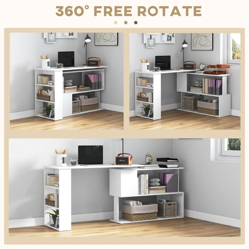 HOMCOM Corner Computer Desk, L Shaped Desk with 360° Rotating Bookshelf, 120W x 110D x 74.5H cm, White