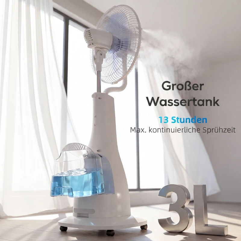 HOMCOM Staande ventilator met waternevel, 75° oscillatie, 3 snelheden, 3 modi, Wit