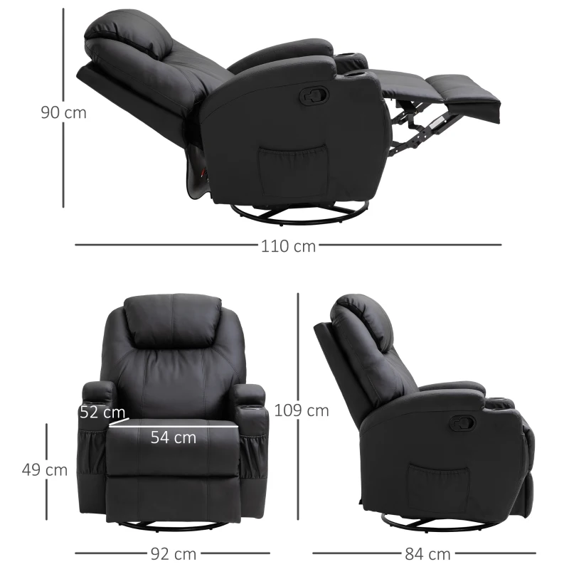 HOMCOM Recliner Chair, Recliner Massage Rocker Chair with 360° Rotate, 165° Reclining Function, Adjustable Footrest, Swivel Armchair Single Sofa for Living Room with Drink Holders, Side Pockets, Black