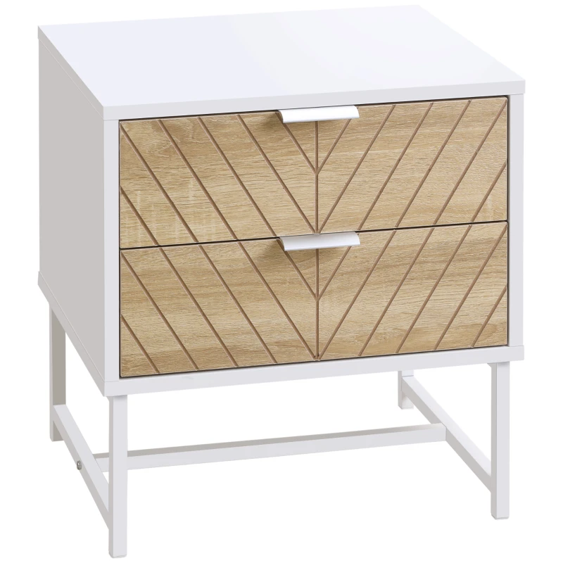HOMCOM Mesita de Noche con 2 Cajones con Patas de Acero Mesilla Auxiliar para Salón Dormitorio 45x39x48cm Blanco y Roble