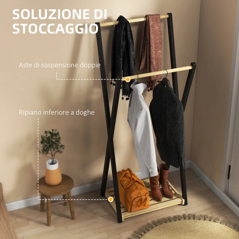 HOMCOM Appendiabiti da Terra in Legno con 2 Barre e Ripiano Inferiore Design Moderno, 61x45x152cm