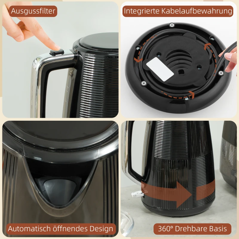 HOMCOM Waterkoker- en Toaster-Set, 1,7 L, verschillende functies, RVS, Zwart