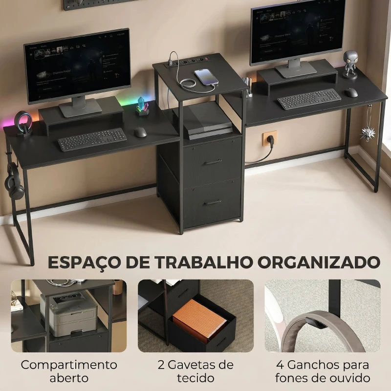 HOMCOM Mesa Gaming Dupla de 244 cm com Estação de Carga Portos USB Suportes para Monitor Gavetas de Tecido Preto