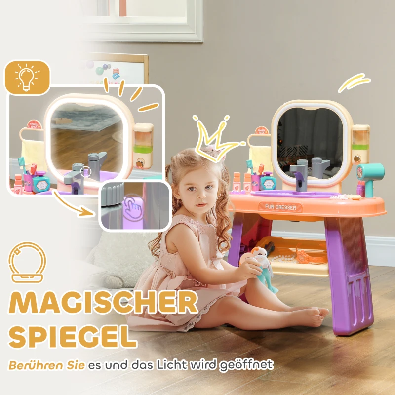 AIYAPLAY Kinderkaptafel met LED-Spiegel, Muziek, Kraan, Acrylspiegel, Paars, 55x29x71 cm