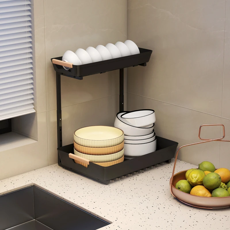 HOMCOM Keukenrek, Verstelbaar Rek met 2 Mandjes, Koffiebar 40 x 30 x 33,5-42 cm
