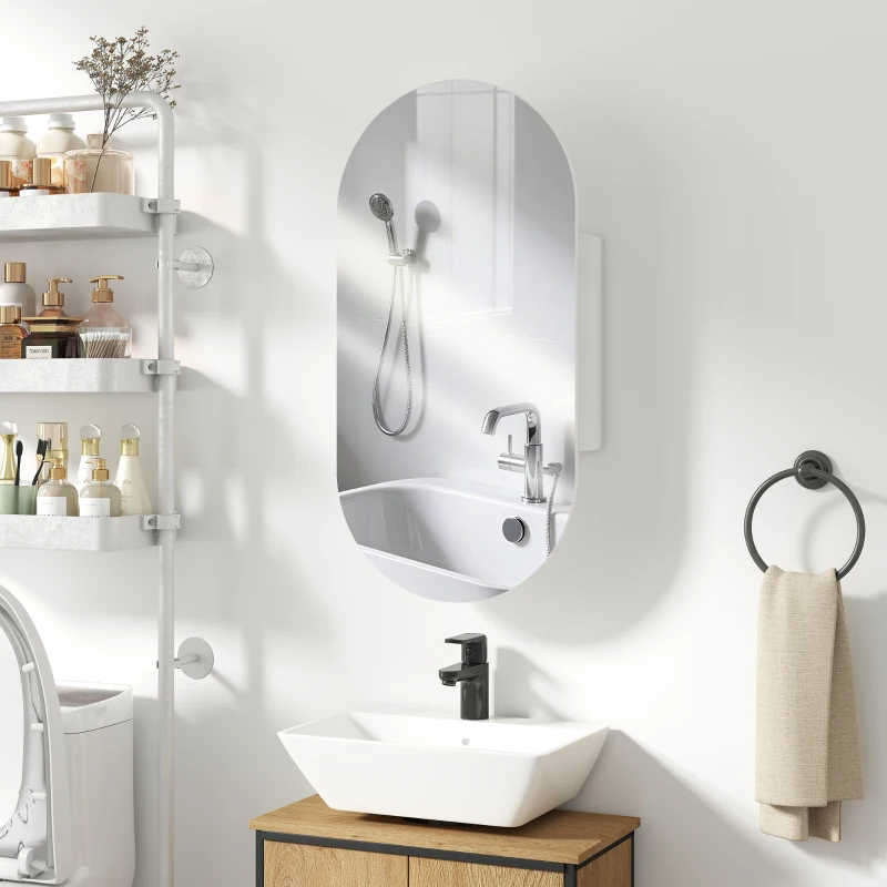 HOMCOM Specchio Bagno Ovale Moderno con Armadietto e Due Ripiani, 45x90 cm, Bianco