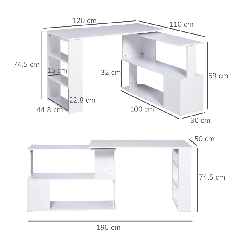 HOMCOM Corner Computer Desk, L Shaped Desk with 360° Rotating Bookshelf, 120W x 110D x 74.5H cm, White