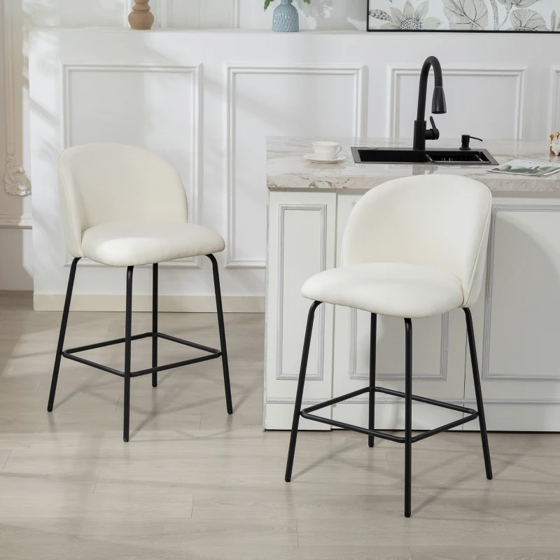 HOMCOM Lote de 2 Taburetes de Bar, Sillas de Bar, Reposapiés y Respaldo, Tela Efecto Lino, Altura de Asiento 68cm, Crema