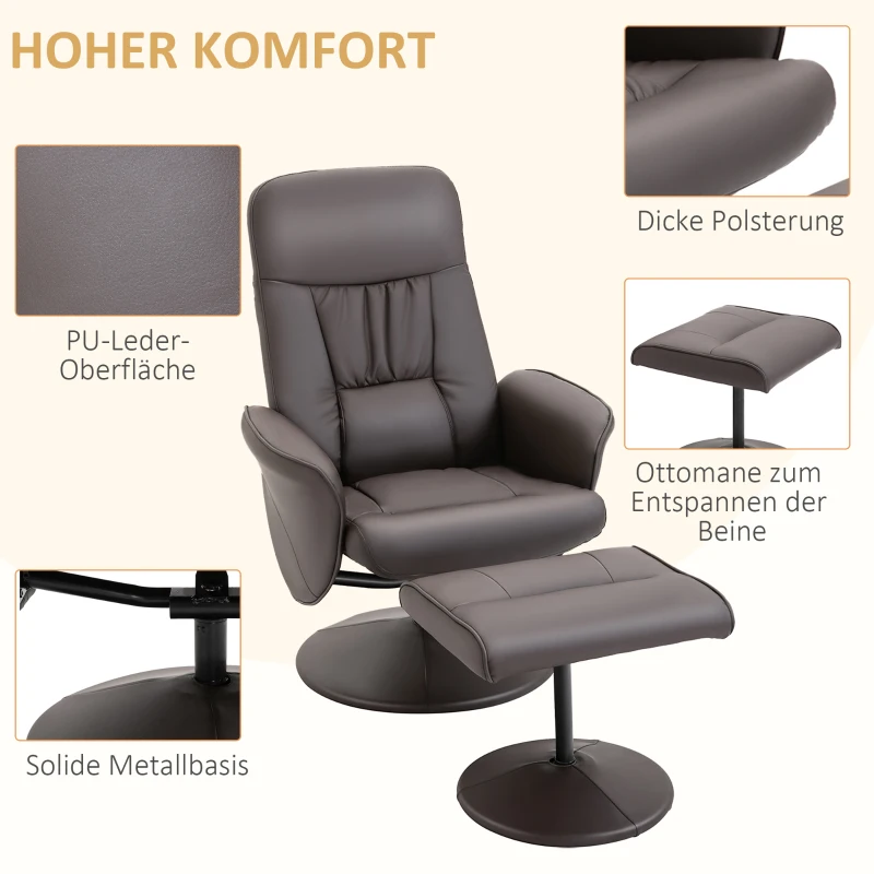 HOMCOM 2-delige Stoelset, Stoel met Hocker, Relaxstoel met Hocker, handmatig verstelbaar, neigbare rugleuning, Bruin
