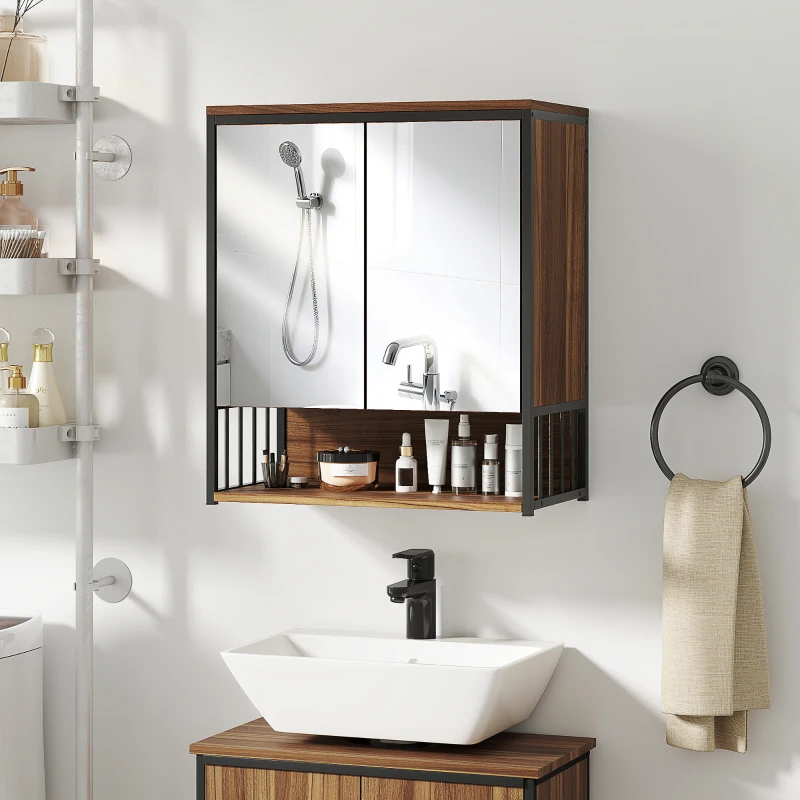 HOMCOM Armoire murale salle de bain avec miroir meuble salle de bain avec compartiment ouvert porte à fermeture amortie marron