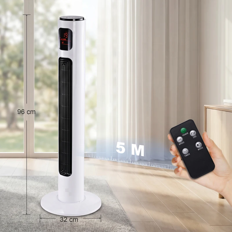 HOMCOM Ventilador de Torre Silencioso 45W con Control Remoto 3 Velocidades 3 Modos Temporizador 10H Oscilación 70° Blanco