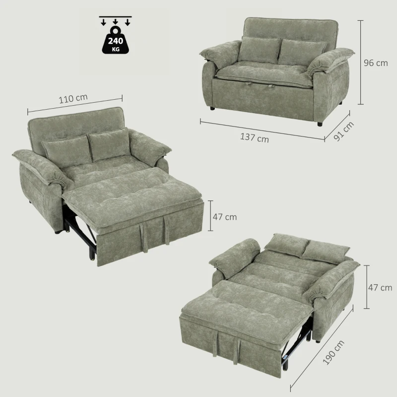 HOMCOM Sofá Cama 2 Plazas Sofá Cama 3 en 1 de Terciopelo 137 cm Respaldo Ajustable Asiento Amplio 2 Cojines Verde
