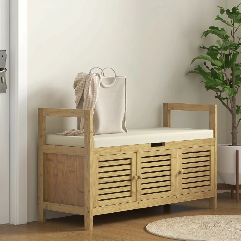 HOMCOM Bancă Pantofar cu Lamele pentru Hol, Design Rabatabil, din Lemn de Bambus, 100x40x60 cm