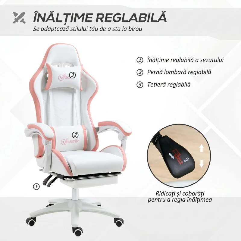 Vinsetto Scaun Da Gaming Ad Altezza Reglabil Piele Pu E Oțel Alb Roz