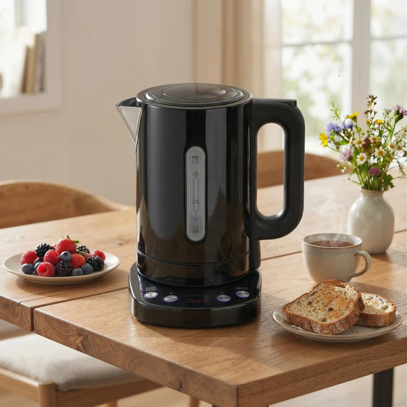 HOMCOM Electric Kettle, 1.7L, Fast Boil, 3kW Water Kettle with UK Strix Thermostat, Keep Warm Function, LCD Base, Black