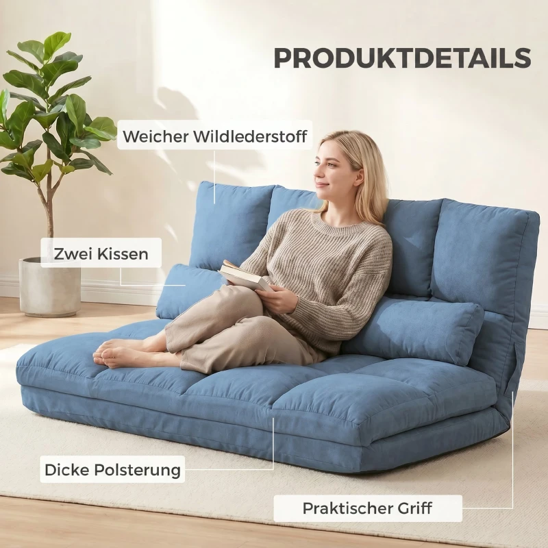 HOMCOM Vloersofa Slaapsofa, opklapbaar, verstelbare rugleuning, 102 cm x 73 cm x 60 cm, Blauw(m-6)