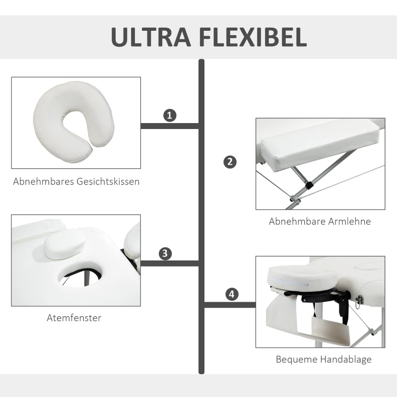 HOMCOM Opvouwbare massagebank, verstelbare cosmetische bank, in hoogte verstelbare massagetafel met hoofdsteun, massagebed van aluminium, schuimrubber en kunststof, wit, 215 x 60 x 61-84 cm