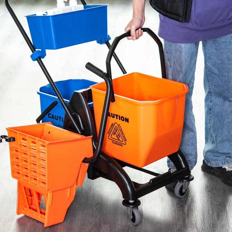 HOMCOM Chariot de ménage chariot de lavage professionnel essoreuse latérale seau 26 L + panier de rangements 78 x 45 x 95 cm métal et plastique orange