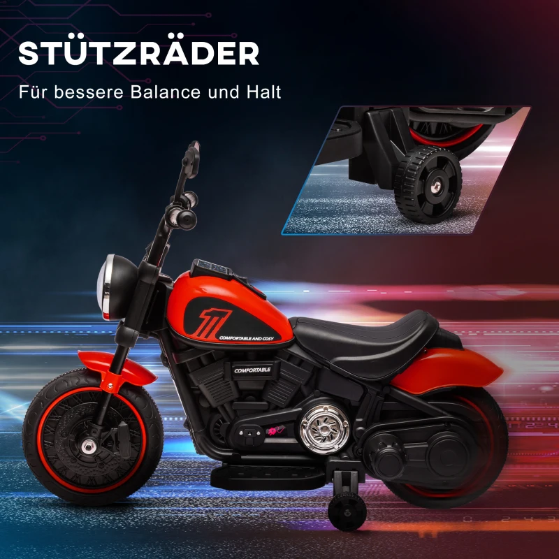 HOMCOM Elektrische Kinder Motor met Koplamp, Afneembare Steunwielen, 76x42x57 cm, Rood/Zwart(m-5)