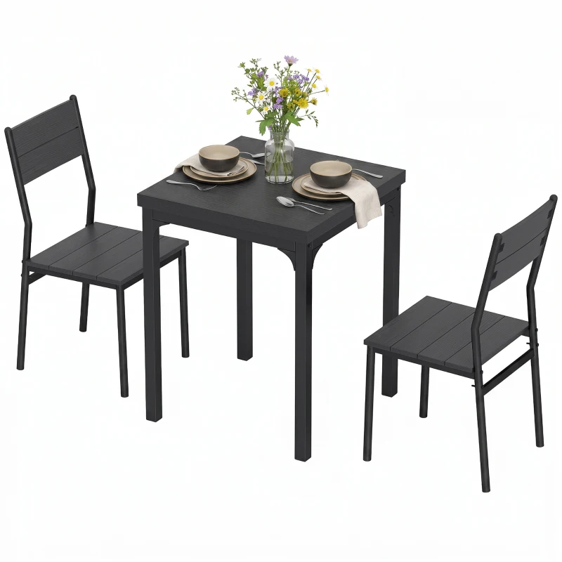 HOMCOM 3 Piece Space-Saving Kitchen Table and Chairs, Dining Table Set for 2 with Metal Legs, Black Wood Effect