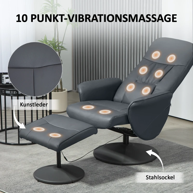 HOMCOM Massagestoel met voetenhocker, ergonomische stoel met 10 vibratiepunten, kunstleer, 76 x 81 x 105 cm, Donkergrijs
