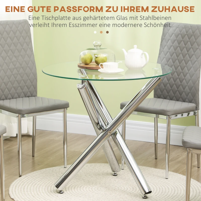 HOMCOM Eettafel, rond blad van gehard glas, randloos ontwerp, voor 2-4 personen, stalen poten, 80 x 80 x 74 cm