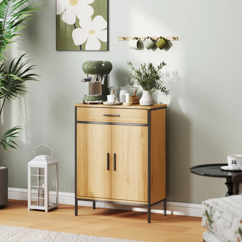 HOMCOM Badkamerkast, tweelagige planken, grote lade, industrieel design, eikenlook