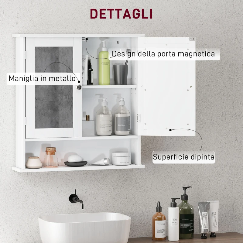 kleankin Armadietto Bagno da Parete con 2 Ante a Specchio e Ripiano Aperto, 56x13x58 cm, Bianco