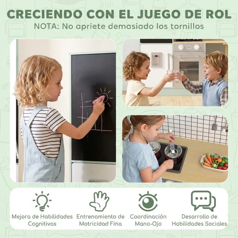 AIYAPLAY Cocina Infantil de Juguete de Imitación con Microondas Horno y Encimera Giratoria sobre Ruedas 160x32x97,5 cm Verde Claro