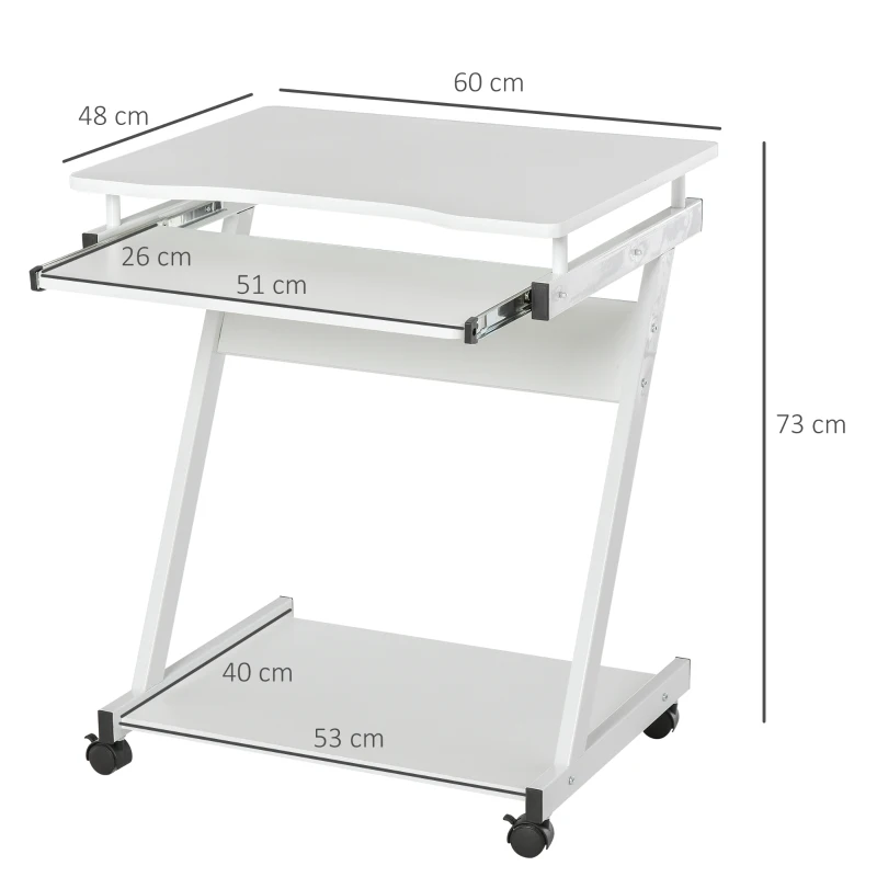 HOMCOM Mesa de Computador com Rodas 60x48 cm com Gaveta Deslizante para Teclado e Prateleira Inferior Estrutura Metálica Branca