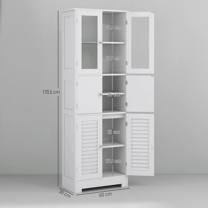 HOMCOM Mobile Colonna Bagno con 3 Armadietti e Ante in Vetro e a Persiana, 60x30x170.5cm, Bianco