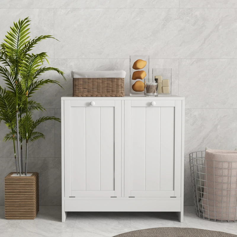 kleankin Mueble Ropa Sucia con 2 Cestos para Ropa Sucia Ideal para Lavandería 66x33x68 cm Blanco