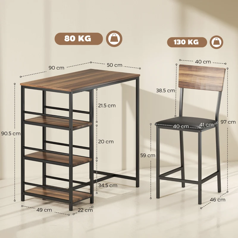 HOMCOM Masă de bar cu 3 rafturi și 2 scaune cu suport pentru picioare și spătar, din lemn și oțel, negru și culoare nuc