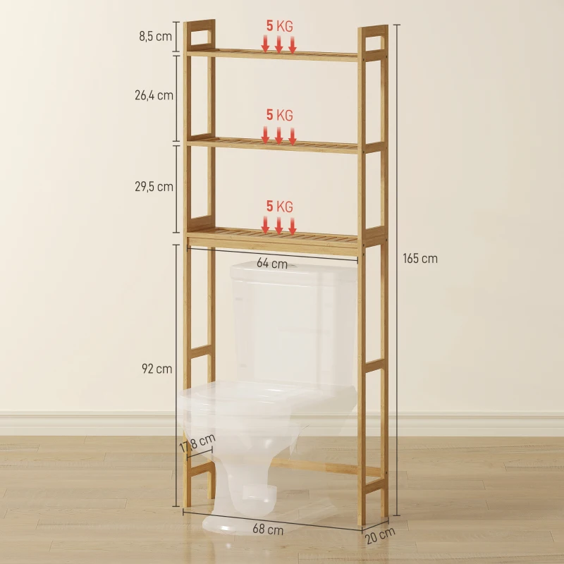 kleankin Mueble sobre Inodoro con 3 Estantes y Alfombrillas Antideslizantes 68x20x165 cm Natural