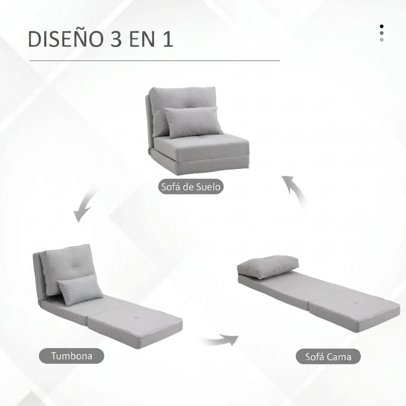 HOMCOM Sofá Cama Individual Plegable Sofá Cama Tapizado en Lino con Respaldo Ajustable 5 Posiciones 1 Almohada Gris Claro
