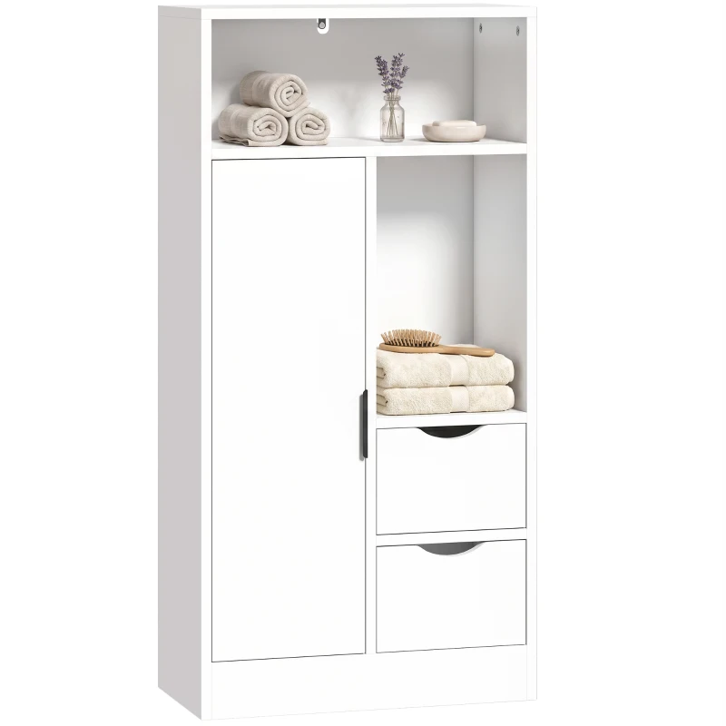 HOMCOM Meuble de salle de bain, meuble de rangement étroit avec 2 tiroirs, compartiments ouverts, 50x25x100cm, blanc