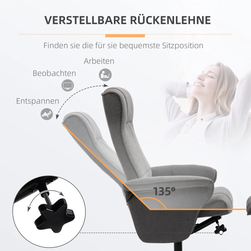 HOMCOM fauteuil met voetenbank, verstelbare rugleuning, 69 cm x 71 cm x 104 cm, donkergrijs+zwart