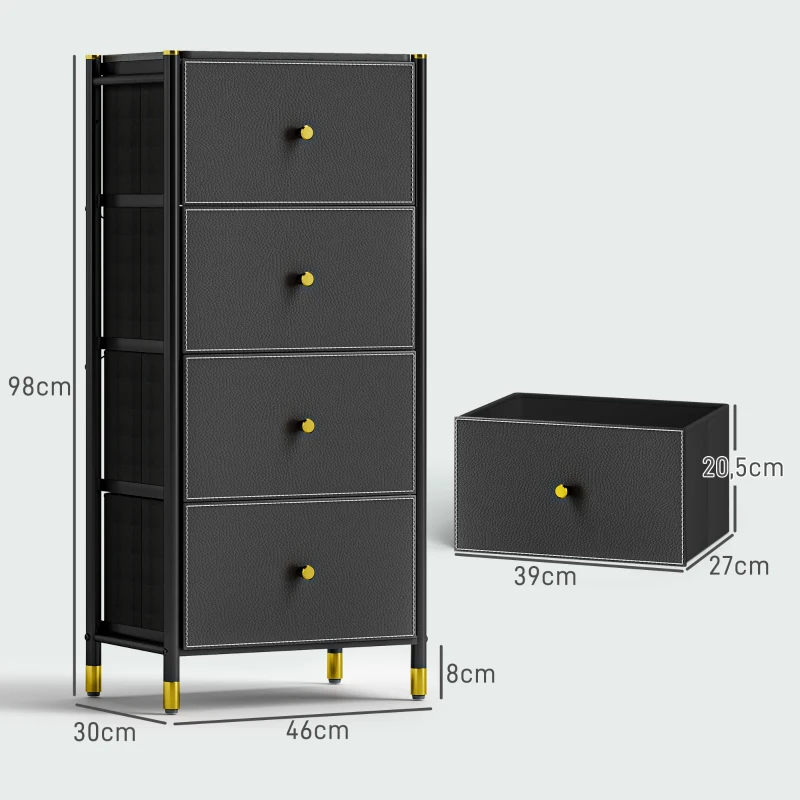 HOMCOM Cómoda para Dormitório Cómoda de Tecido com 4 Gavetas Dobráveis com Frentes de Couro PU 46x30x98 cm Preto