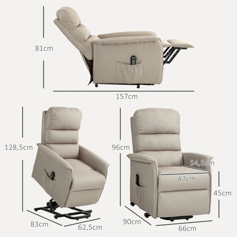 HOMCOM Relaxfauteuil met opsta-ondersteuning, verstelbare rugleuning/voetensteun, tot 120 kg, 66 x 90 x 96 cm, Beige