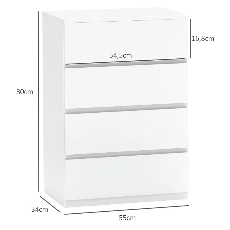 HOMCOM Witte Ladekast, Hoogglans, 4 Lades, 55 cm x 33 cm x 80 cm