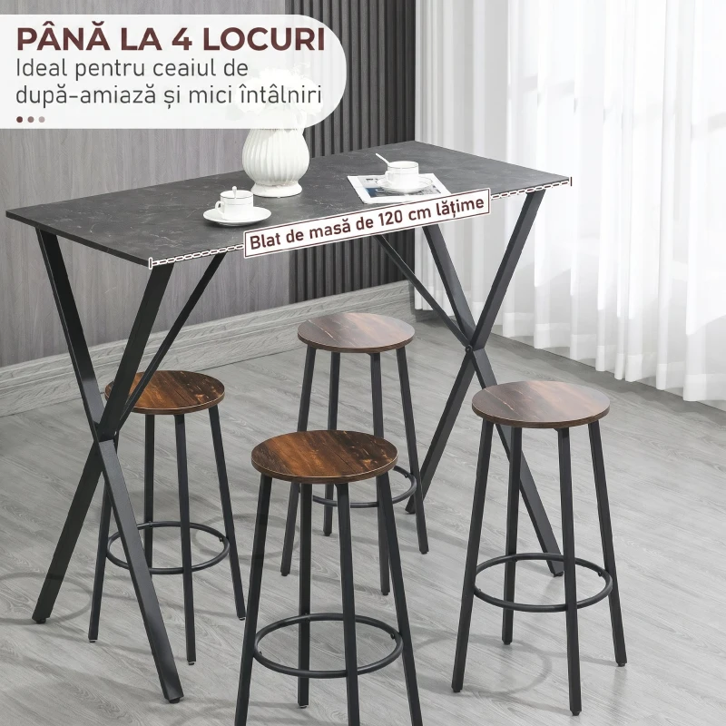 HOMCOM Bar și Masă Înaltă, Stil Industrial, cu Efect de Marmură, din Lemn și Oțel, 120x60x102 cm, Negru