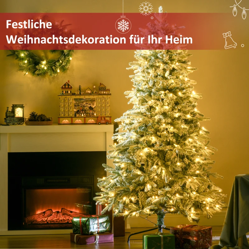 HOMCOM Kunstmatige Kerstboom, Kerstboom, Incl. Kunstmatige Sneeuw, LED-Lichten, 180 cm, Groen + Wit