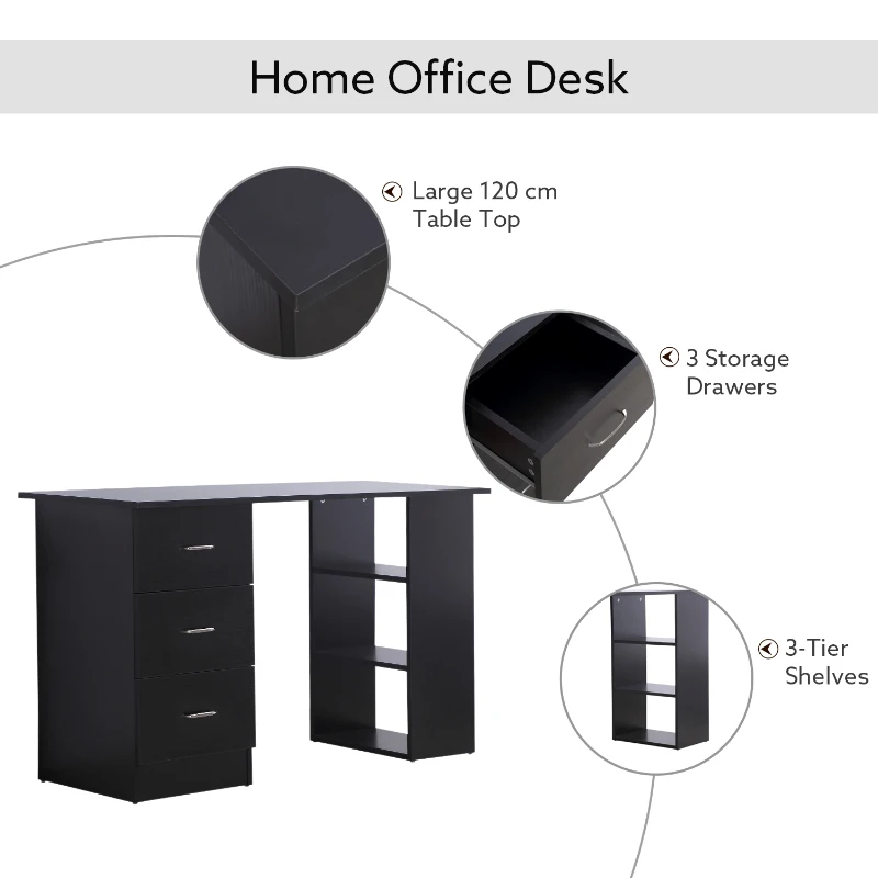 HOMCOM Computer Desk, Home Office Desk, Writing Table, PC Workstation with 3 Storage Shelves and 3 Drawers for Working, Study, 120 x 49 x 72 cm, Black