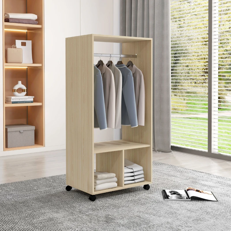 HOMCOM Armoire penderie étagère 2 niches penderie 4 roulettes pivotantes dim. 60L x 40l x 128H cm bois naturel