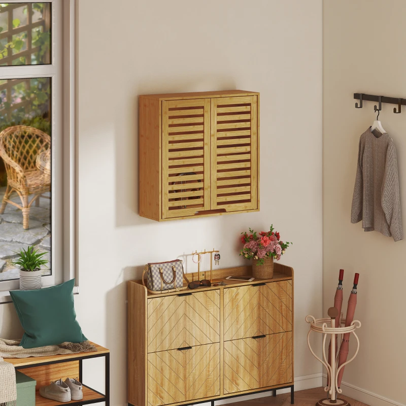 HOMCOM Badkamerwandkast Hangkast van bamboe met ademende lameldeuren, verstelbare plank 60 x 20 x 60 cm Natuurhout