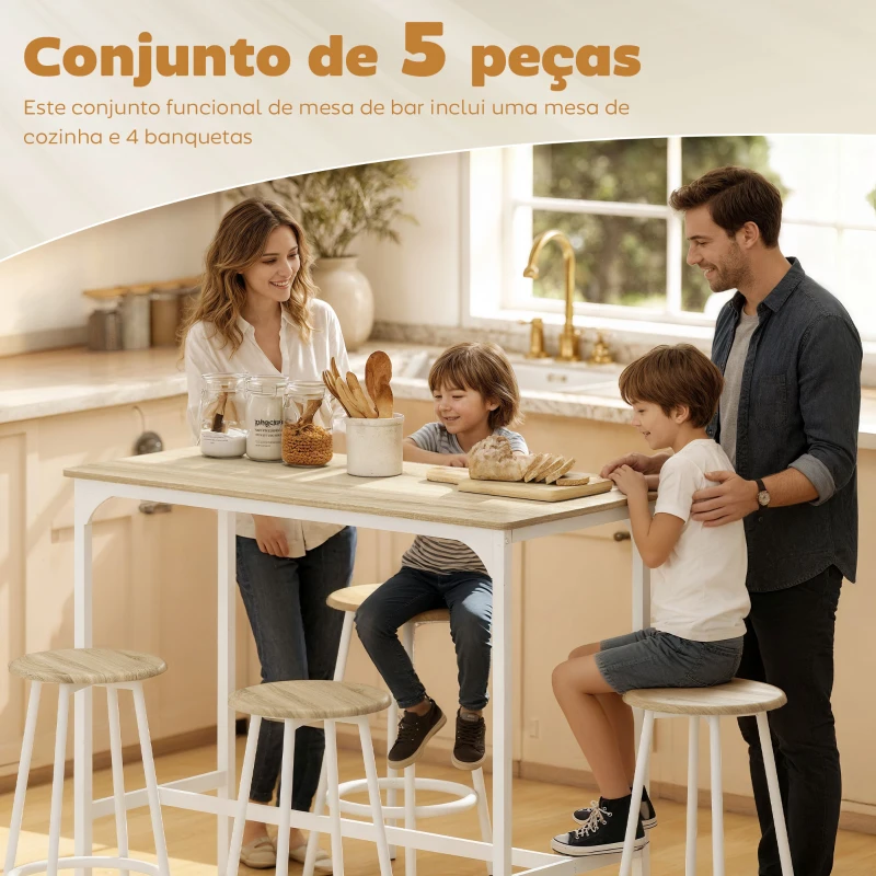 HOMCOM Conjunto de Móveis Altos de Bar com 5 Peças Mesa de Refeição Industrial e 4 Bancos Redondos Madeira e Branco