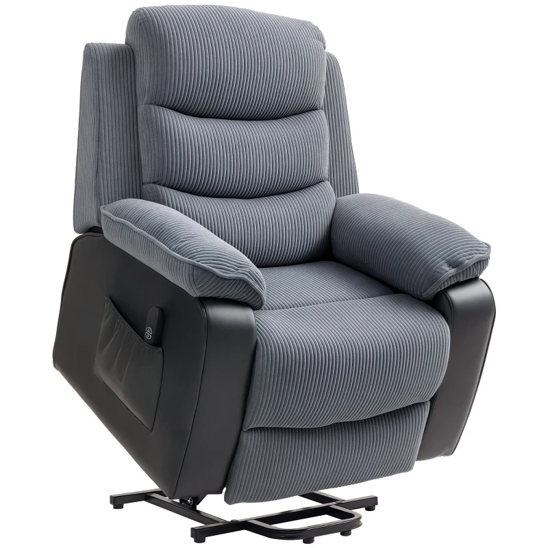 HOMCOM Opsta-fauteuil met zachte ribfluwelen bekleding, recliner-fauteuil met afstandsbediening en zijzakken, donkergrijs